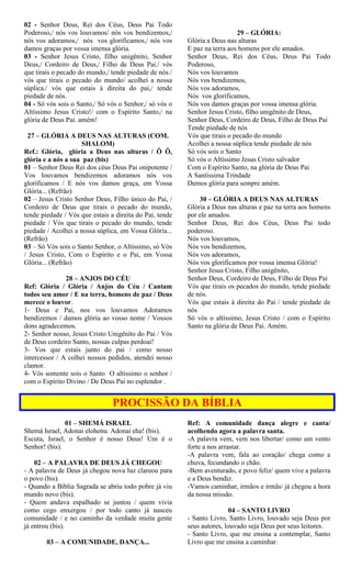 02 - Senhor Deus, Rei dos Céus, Deus Pai Todo
Poderoso,/ nós vos louvamos/ nós vos bendizemos,/
nós vos adoramos,/ nós vos glorificamos,/ nós vos
damos graças por vossa imensa glória.
03 - Senhor Jesus Cristo, filho unigênito, Senhor
Deus,/ Cordeiro de Deus,/ Filho de Deus Pai./ vós
que tirais o pecado do mundo,/ tende piedade de nós./
vós que tirais o pecado do mundo/ acolhei a nossa
súplica./ vós que estais à direita do pai,/ tende
piedade de nós.
04 - Só vós sois o Santo,/ Só vós o Senhor,/ só vós o
Altíssimo Jesus Cristo!/ com o Espírito Santo,/ na
glória de Deus Pai. amém!
27 – GLÓRIA A DEUS NAS ALTURAS (COM.
SHALOM)
Ref.: Glória, glória a Deus nas alturas / Ô Ô,
glória e a nós a sua paz (bis)
01 – Senhor Deus Rei dos céus Deus Pai onipotente /
Vos louvamos bendizemos adoramos nós vos
glorificamos / E nós vos damos graça, em Vossa
Glória... (Refrão)
02 – Jesus Cristo Senhor Deus, Filho único do Pai, /
Cordeiro de Deus que tirais o pecado do mundo,
tende piedade / Vós que estais a direita do Pai, tende
piedade / Vós que tirais o pecado do mundo, tende
piedade / Acolhei a nossa súplica, em Vossa Glória...
(Refrão)
03 – Só Vós sois o Santo Senhor, o Altíssimo, só Vós
/ Jesus Cristo, Com o Espírito e o Pai, em Vossa
Glória... (Refrão)
28 – ANJOS DO CÉU
Ref: Glória / Glória / Anjos do Céu / Cantam
todos seu amor / E na terra, homens de paz / Deus
merece o louvor.
1- Deus e Pai, nos vos louvamos Adoramos
bendizemos / damos glória ao vosso nome / Vossos
dons agradecemos.
2- Senhor nosso, Jesus Cristo Unigênito do Pai / Vós
de Deus cordeiro Santo, nossas culpas perdoai!
3- Vos que estais junto do pai / como nosso
intercessor / A colhei nossos pedidos, atendei nosso
clamor.
4- Vós somente sois o Santo O altíssimo o senhor /
com o Espírito Divino / De Deus Pai no esplendor .
29 – GLÓRIA:
Glória a Deus nas alturas
E paz na terra aos homens por ele amados.
Senhor Deus, Rei dos Céus, Deus Pai Todo
Poderoso,
Nós vos louvamos
Nós vos bendizemos,
Nós vos adoramos,
Nós vos glorificamos,
Nós vos damos graças por vossa imensa glória.
Senhor Jesus Cristo, filho unigênito de Deus,
Senhor Deus, Cordeiro de Deus, Filho de Deus Pai
Tende piedade de nós
Vós que tirais o pecado do mundo
Acolhei a nossa súplica tende piedade de nós
Só vós sois o Santo
Só vós o Altíssimo Jesus Cristo salvador
Com o Espírito Santo, na glória de Deus Pai
A Santíssima Trindade
Demos glória para sempre amém.
30 – GLÓRIA A DEUS NAS ALTURAS
Glória a Deus nas alturas e paz na terra aos homens
por ele amados.
Senhor Deus, Rei dos Céus, Deus Pai todo
poderoso.
Nós vos louvamos,
Nós vos bendizemos,
Nós vos adoramos,
Nós vos glorificamos por vossa imensa Glória!
Senhor Jesus Cristo, Filho unigênito,
Senhor Deus, Cordeiro de Deus, Filho de Deus Pai
Vós que tirais os pecados do mundo, tende piedade
de nós.
Vós que estais à direita do Pai / tende piedade de
nós
Só vós o altíssimo, Jesus Cristo / com o Espírito
Santo na glória de Deus Pai. Amém.
PROCISSÃO DA BÍBLIA
01 – SHEMÁ ISRAEL
Shemá Israel, Adonai elohenu. Adonai eha! (bis).
Escuta, Israel, o Senhor é nosso Deus! Um é o
Senhor! (bis).
02 – A PALAVRA DE DEUS JÁ CHEGOU
- A palavra de Deus já chegou nova luz clareou para
o povo (bis).
- Quando a Bíblia Sagrada se abriu todo pobre já viu
mundo novo (bis).
- Quem andava espalhado se juntou / quem vivia
como cego enxergou / por todo canto já nasceu
comunidade / e no caminho da verdade muita gente
já entrou (bis).
03 – A COMUNIDADE, DANÇA...
Ref: A comunidade dança alegre e canta/
acolhendo agora a palavra santa.
-A palavra vem, vem nos libertar/ como um vento
forte a nos arrastar.
-A palavra vem, fala ao coração/ chega como a
chuva, fecundando o chão.
-Bem aventurado, e povo feliz/ quem vive a palavra
e a Deus bendiz.
-Vamos caminhar, irmãos e irmãs/ já chegou a hora
da nossa missão.
04 – SANTO LIVRO
- Santo Livro, Santo Livro, louvado seja Deus por
seus autores, louvado seja Deus por seus leitores.
- Santo Livro, que me ensina a contemplar, Santo
Livro que me ensina a caminhar.
 