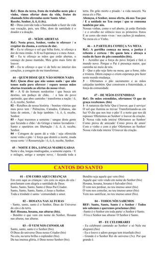 Ref.: Bens da terra, fruto do trabalho neste pão e
vinho, vimos ofertar dons da vida, frutos do
chamado feito oferendas neste Santo Altar.
Recebe, Senhor, ô, ô, ô (4x).
02 – Deus convida toda a humanidade a fazer da vida
sua vocação, pais, seu filho, dom da santidade é o
doador e a doação.
43 – MÃOS ABERTAS
Ref.: Nesta prece, Senhor, venho te oferecer / o
crepitar da chama, a certeza de dar.
01 – Eu te ofereço o sol que bilha forte, te ofereço a
dor do meu irmão. A fé na Esperança e o meu Amor.
02 – Eu te ofereço as mãos que estão abertas, o
cansaço do passo mantido, Meu grito mais forte de
louvor.
03 – Eu te ofereço o que vi de belo no interior dos
corações, a coragem de me transformar.
44 – QUEM DISSE QUE NÃO SOMOS NADA
Ref.: Quem disse que não somos nada / que não
temos nada para oferecer / repare nossas mãos
abertas trazendo as ofertas do nosso viver.
01 – A fé do homem nordestino / que busca um
destino, um pedaço de chão, / a luta do povo
oprimido, que abre caminho / transforma a nação / ô,
ô, ô, recebe, Senhor.
02 – Retalhos de nossa história / bonitas vitórias que
meu povo tem / Palmeiras, Canudos, Cabanos, são
lutas de ontem, / de hoje também / ô, ô, ô, recebe,
Senhor.
03 – Aqui trazemos a semente / sangue desta gente
que fecunda o chão / do Gringo e tantos lavradores /
Santo e operários em libertação / ô, ô, ô, recebe,
Senhor.
04 – Coragem de quem dá a vida / seja oferecida
neste vinho e pão / é força que destrói a morte, muda
nossa sorte / é Ressurreição / ô, ô, ô, recebe, Senhor.
45 – NOITE E DIA, LONGAS MADRUGADAS
Noite e dia, longas madrugadas, a semente espera. / E
o milagre, antigo e sempre novo, / fecunda toda a
terra. Do grão morto e pisado / a vida nascerá. Na
mesa eis o Pão.
Abençoa, ó Senhor, nossa oferta, dá-nos Tua paz
/ E a unidade no Teu corpo / que se consuma
também por nós.
Nossas vinhas, como o sol aberto, já estão florindo
/ e o orvalho no silêncio toca os primeiros frutos
E as cores são mais vivas / nos cachos já maduros.
Na mesa eis o Vinho.
46 – A PARTILHA COMEÇA NA MESA
Ref.: A partilha começa na mesa, a justiça é
rebento e certeza / De quem luta e abraça a
razão de fazer do pão comunhão (bis).
1 – Acredito que a força do povo forjará e fará o
mundo novo. Porque o Pai é presença maior, que
caminha no meio de nós.
2 – Que o pão seja farto na mesa, que a fome, ódio
e tristeza. Dêem espaço e criem esperança pra fazer
neste mundo mudança.
3 – Ofertamos o pão sacramento e as mãos
calejadas também. Que constroem a fraternidade, a
força da comunidade.
47 – DE MÃOS ESTENDIDAS
Ref.: De mãos estendidas, ofertamos/ O que de
graça recebemos. (bis)
1- A natureza tão bela/ Que é louvor, que é serviço/
O sol que ilumina as trevas/ Transformando-as em
luz/ O dia que nos traz o pão/ E a noite que nos dá
repouso/ Ofertemos ao Senhor/ o louvor da criação.
2- Nossa vida toda inteira/ Ofertamos ao Senhor/
Como prova de amizade/ Como prova de amor/
Com o vinho e com o pão/ Ofertemos ao Senhor/
Nossa vida toda inteira/ O louvor da criação.
CANTOS DO SANTO
01 – EM CORO AQUI CRIANÇAS
Em coro aqui as crianças / em coro os anjos do céu /
proclamam com alegria a santidade de Deus.
Santo, Santo, Santo, Santo é Deus Pai Criador.
Santo, Santo, Santo, Santo, é Jesus o Senhor.
Toda a trindade é santa / comunidade e amor.
02 – HOSANA NAS ALTURAS
- Santo, santo, santo é o Senhor, Deus do Universo
do céu e da terra.
Ref: Hosana, hosana, nas alturas (bis).
- Bendito o que vem em nome do Senhor, Hosana
nas alturas, nas alturas.
03 – Ó VEM NOS CONSOLAR
Santo, santo, santo é o Senhor (bis).
Ó Deus do universo Deus nosso Criador (bis)
No céu, na terra brilha o esplendor (bis).
Da tua imensa glória, ó Deus nosso Senhor (bis).
Bendito seja aquele que vem (bis)
Aquele que vem vindo em nome do Senhor (bis)
Hosana, hosana, hosana ó Salvador (bis).
Ó vem nos perdoar, no teu imenso amor (bis)
Ó vem nos consolar, no teu imenso amor (bis)
Vem nos santificar, no teu imenso amor (bis).
04 – TODOS NÓS SABEMOS
REF: Santo, Santo, Santo é o Senhor / Todos
nós sabemos e queremos proclamar.(bis)
-Santo é o Senhor em toda parte/ o Senhor é Santo.
-Viva o Senhor nas alturas/ O Senhor é Santo.
05 – EU CELEBRAREI
- Eu celebrarei cantando ao Senhor/ e só Nele me
alegrarei.(bis)
- Eu o louvo e adoro porque tem triunfado.(bis)
- Grande é o Senhor Rei do universo (3x). Por que
grande é.
 