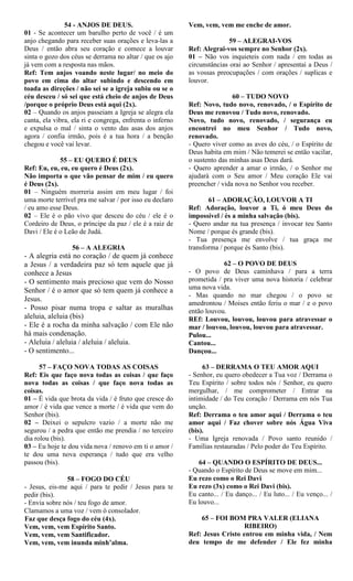 54 - ANJOS DE DEUS.
01 - Se acontecer um barulho perto de você / é um
anjo chegando para receber suas orações e leva-las a
Deus / então abra seu coração e comece a louvar
sinta o gozo dos céus se derrama no altar / que os ajo
já vem com a resposta nas mãos.
Ref: Tem anjos voando neste lugar/ no meio do
povo em cima do altar subindo e descendo em
toada as direções / não sei se a igreja subiu ou se o
céu desceu / só sei que está cheio de anjos de Deus
/porque o próprio Deus está aqui (2x).
02 – Quando os anjos passeiam a Igreja se alegra ela
canta, ela vibra, ela ri e congrega, enfrenta o inferno
e expulsa o mal / sinta o vento das asas dos anjos
agora / confia irmão, pois é a tua hora / a benção
chegou e você vai levar.
55 – EU QUERO É DEUS
Ref: Eu, eu, eu, eu quero é Deus (2x).
Não importa o que vão pensar de mim / eu quero
é Deus (2x).
01 – Ninguém morreria assim em meu lugar / foi
uma morte terrível pra me salvar / por isso eu declaro
/ eu amo esse Deus.
02 – Ele é o pão vivo que desceu do céu / ele é o
Cordeiro de Deus, o príncipe da paz / ele é a raiz de
Davi / Ele é o Leão de Judá.
56 – A ALEGRIA
- A alegria está no coração / de quem já conhece
a Jesus / a verdadeira paz só tem aquele que já
conhece a Jesus
- O sentimento mais precioso que vem do Nosso
Senhor / é o amor que só tem quem já conhece a
Jesus.
- Posso pisar numa tropa e saltar as muralhas
aleluia, aleluia (bis)
- Ele é a rocha da minha salvação / com Ele não
há mais condenação.
- Aleluia / aleluia / aleluia / aleluia.
- O sentimento...
57 – FAÇO NOVA TODAS AS COISAS
Ref: Eis que faço nova todas as coisas / que faço
nova todas as coisas / que faço nova todas as
coisas.
01 – É vida que brota da vida / é fruto que cresce do
amor / é vida que vence a morte / é vida que vem do
Senhor (bis).
02 – Deixei o sepulcro vazio / a morte não me
segurou / a pedra que então me prendia / no terceiro
dia rolou (bis).
03 – Eu hoje te dou vida nova / renovo em ti o amor /
te dou uma nova esperança / tudo que era velho
passou (bis).
58 – FOGO DO CÉU
- Jesus, eis-me aqui / para te pedir / Jesus para te
pedir (bis).
- Envia sobre nós / teu fogo de amor.
Clamamos a uma voz / vem ó consolador.
Faz que desça fogo do céu (4x).
Vem, vem, vem Espírito Santo.
Vem, vem, vem Santificador.
Vem, vem, vem inunda minh’alma.
Vem, vem, vem me enche de amor.
59 – ALEGRAI-VOS
Ref: Alegrai-vos sempre no Senhor (2x).
01 – Não vos inquieteis com nada / em todas as
circunstâncias orai ao Senhor / apresentai a Deus /
as vossas preocupações / com orações / suplicas e
louvor.
60 – TUDO NOVO
Ref: Novo, tudo novo, renovado, / o Espírito de
Deus me renovou / Tudo novo, renovado.
Novo, tudo novo, renovado, / segurança eu
encontrei no meu Senhor / Tudo novo,
renovado.
- Quero viver como as aves do céu, / o Espírito de
Deus habita em mim / Não temerei se então vacilar,
o sustento das minhas asas Deus dará.
- Quero aprender a amar o irmão, / o Senhor me
ajudará com o Seu amor / Meu coração Ele vai
preencher / vida nova no Senhor vou receber.
61 – ADORAÇÃO, LOUVOR A TI
Ref: Adoração, louvor a Ti, ó meu Deus do
impossível / és a minha salvação (bis).
- Quero andar na tua presença / invocar teu Santo
Nome / porque és grande (bis).
- Tua presença me envolve / tua graça me
transforma / porque és Santo (bis).
62 – O POVO DE DEUS
- O povo de Deus caminhava / para a terra
prometida / pra viver uma nova historia / celebrar
uma nova vida.
- Mas quando no mar chegou / o povo se
amedrontou / Moises então feriu o mar / e o povo
então louvou.
REf: Louvou, louvou, louvou para atravessar o
mar / louvou, louvou, louvou para atravessar.
Pulou...
Cantou...
Dançou...
63 – DERRAMA O TEU AMOR AQUI
- Senhor, eu quero obedecer a Tua voz / Derrama o
Teu Espírito / sobre todos nós / Senhor, eu quero
mergulhar, / me comprometer / Entrar na
intimidade / do Teu coração / Derrama em nós Tua
unção.
Ref: Derrama o teu amor aqui / Derrama o teu
amor aqui / Faz chover sobre nós Água Viva
(bis).
- Uma Igreja renovada / Povo santo reunido /
Famílias restauradas / Pelo poder do Teu Espírito.
64 – QUANDO O ESPÍRITO DE DEUS...
- Quando o Espírito de Deus se move em mim...
Eu rezo como o Rei Davi
Eu rezo (3x) como o Rei Davi (bis).
Eu canto... / Eu danço... / Eu luto... / Eu venço... /
Eu louvo...
65 – FOI BOM PRA VALER (ELIANA
RIBEIRO)
Ref: Jesus Cristo entrou em minha vida, / Nem
deu tempo de me defender / Ele fez minha
 