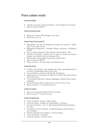17
Para saber mais
Cantodosjogos
 Aprender com Jogos e Situações Problema . Lino de Macedo. Ed. Artmed .
 Jogos do Mundo. UNICEF.
Cantodofaz-de-conta
 Brinquedo e Cultura. Gilles Brougère. Ed. Cortez,.
 Revista Avisa lá n. 12.
Canto“FaçaVocêmesmo”
 Barangandão Arco Iris: 36 brinquedos inventados pôr meninos . Adelsin .
Lapa . Cia de Ação Cultural.
 Brinquedos & Engenhocas . Atividades Lúdicas com Sucatas . Ed.Scipione .
SP,1993
 Faça seu próprio brinquedo. Simão Miranda. Editora Papirus. 1998
 Teatrinho de Sombras . criando com as mãos um mundo de histórias e
fantasias . Sati Achath. Ed Nova Alexandria, 1996
 Bola de Gude . Brinque.Book. Joga editores da Klutz Press.
 Jogos do Mundo. UNICEF .
 Parece, mas não é . SP. Joan Steiner. Ed. Martins Fontes.
CantodasArtes
 O Olhar em Construção. Uma experiência de ensino e aprendizagem da arte
na escola.. Anamélia Bueno Buoro. Ed. Cortez.
 Formas de Pensar o desenho. Edith Derdik.. Ed. Scipione.
 Fayga Ostrower. A Construção do Olhar. In: O Olhar. Org. Adauto Novaes.
Ed. Cia das Letras.
 A Construção do Desenho. Cadernos Pedagógicos. Miriam Celeste. Espaço
pedagógico.
 Leitura de Imagem. Rosa Yavelberg. Por um Triz. Ed. Paz e Terra.
 Revista avisa lá nº 8 e 10. Instituto Avisa lá.
CantodeLeitura
 Quer ouvir uma história? Heliysa Prieto. Ed. Angra.
 Revista avisa lá nº 7. Instituto Avisa lá.
ContosTradicionais
 Contos Escolhidos . Grimm . Editora Globo.
 Contos de Grimm . Tradução de Tatiana Belinky . Ed. Paulus.
 Os Contos de Grimm . vol.1 e 2 . Recontado pôr Maria Heloisa Penteado .
Ed. Ática.
 Os mais belos contos de Grimm . Grandes Ilustradores da Escola Russa .
Ed. Civilização.
 Histórias maravilhosas de Andersen . Cia das Letrinhas.
 Contos de Perrault . Ed. Itatiaia.
 Contos de Andersen . Ed. Paz e Terra.
 