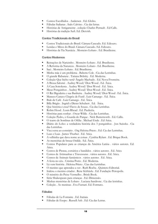 18
 Contos Escolhidos . Andersen . Ed. Globo.
 Fábulas Italianas . Italo Calvino . Cia das letras.
 Histórias de Antigamente . coleção Charles Perrault . Ed Calls.
 Histórias da tradição Sufi. Ed. Dervish.
ContosTradicionaisdoBrasil
 Contos Tradicionais do Brasil. Câmara Cascudo. Ed. Ediouro.
 Lendas e Mitos do Brasil. Câmara Cascudo. Ed. Ediouro.
 Histórias da Tia Nastácia . Monteiro Lobato . Ed. Brasiliense.
ContosModernos
 Reinações de Narizinho . Monteiro Lobato . Ed. Brasiliense.
 A Reforma da Natureza . Monteiro Lobato . Ed. Brasiliense.
 Saci . Monteiro Lobato . Ed. Brasiliense.
 Minha mãe é um problema . Babette Cole . Cia das Letrinhas.
 O grande Rabanete . Tatiana Belinky . Ed. Moderna.
 Coleção Que bicho será? Ângelo Machado . Ed. Nova Fronteira.
 A Bruxa Salomé . Audrey Wood/ Don Wood . Ed. Ática.
 A Casa Sonolenta . Audrey Wood/ Don Wood . Ed. Ática.
 Meus Porquinhos . Audrey Wood/ Don Wood . Ed. Ática.
 O Rei Bigodeira e sua Banheira . Audrey Wood/ Don Wood . Ed. Ática.
 Maneco Caneco Chapéu de Funil . Luis Camargo . Ed. Ática.
 Bule de Café . Luis Camargo . Ed. Ática.
 Billy Brigão . Ingrid e Dieter Schubert . Ed. Ática.
 Que história é essa? Flavio de Souza . Cia das Letrinhas.
 Robin Hood . Louis Rhead . Ed. Paulicéia.
 Histórias para sonhar . Oscar Wilde . Cia das Letrinhas.
 Coleção Pedro, o Guarda do Parque . Nick Butterworth . Ed. Callis.
 O teatro de Sombras de Ofélia . Michael Ende . Ed Atica.
 Diário do Lobo: a verdadeira história dos 3 porquinhos . Jon Suiszka . Cia
das Letrinhas.
 Vice.versa ao contrário . Org Heloisa Prieto . Ed. Cia das Letrinhas.
 Luas e Luas . James Thurber . Ed. Atica.
 A velhinha que dava nome as coisas . Cynthia Rylant . Ed. Brique Book.
 As memórias de bruxa Onilda . Ed. Ática.
 Contos Populares para as crianças da América Latina . vários autores. Ed.
Atica.
 Contos de Piratas, corsários e bandidos . vários autores . Ed. Atica
 Contos de Artimanhas e Travessuras . vários autores . Ed. Atica.
 Contos de Animais fantásticos . vários autores . Ed. Atica.
 A festa no céu . Cristina Porto . Ed. Moderna.
 Lá vem história . Heloisa Prieto . Cias das Letrinhas.
 O menino que aprendeu a ver . Ruth Rocha . Quinteto Editorial.
 Irakisu o menino criador . Rene Kithãulu . Ed. Fundação Peiropolis.
 O mistério do Peixe Vermelho . Brink Book.
 Série Shakespeare para crianças . Ed. Dimensão.
 Minhas memórias de Lobato . Luciana Sandrone . Cia das letrinhas.
 Coleção . As meninas . Eva Furnari. Ed. Formato.
Fábulas
 Fábulas de La Fontaine . Ed. Itatiaia.
 Fábulas de Esopo . Russell Ash . Ed. Cia das Letras.
 