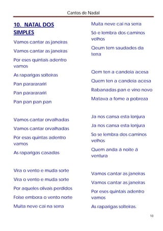 Cantos de Nadal

10. NATAL DOS                          Muita neve cai na serra

SIMPLES                                Só e lembra dos caminos
                                       velhos
Vamos cantar as janeiras
                                       Qeum tem saudades da
Vamos cantar as janeiras
                                       terra
Por eses quintais adentro
vamos
                                       Qem ten a candeia acesa
As raparigas solteiras
                                       Quem ten a candeia acesa
Pan parararariri
                                       Rabanadas pan e vino novo
Pan parararariri
                                       Matava a fome a pobreza
Pan pan pan pan


                                       Ja nos cansa esta lonjura
Vamos cantar orvalhadas
                                       Ja nos cansa esta lonjura
Vamos cantar orvalhadas
                                       So se lembra dos caminos
Por esas quintas adentro
                                       velhos
vamos
                                       Quem anda á noite á
As raparigas casadas
                                       ventura


Vira o vento e muda sorte
                                       Vamos cantar as janeiras
Vira o vento e muda sorte
                                       Vamos cantar as janeiras
Por aqueles olivais perdidos
                                       Por eses quintais adentro
Foise embora o vento norte             vamos
Muita neve cai na serra                As raparigas solteiras.

                                                                   10
 