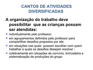 CANTOS DE ATIVIDADES
             DIVERSIFICADAS
A organização do trabalho deve
 possibilitar que as crianças possam
 ser atendidas:
 individualmente pelo professor;
 em agrupamentos definidos pelo professor para
  compartilhar desafios propostos por ele;
 em situações nas quais possam escolher com quem
  trabalhar e quais os desafios desejam resolver ;
 coletivamente em situações de convívio, brincadeira e
  sistematização de produções do grupo
 