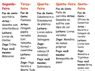 Segunda-      Terça-       Quarta-        Quinta-feira Sexta-
feira         feira        feira          Faz de Conta feira
Faz de conta: Faz de       Faz de Conta: Pista de        Faz de
escritório.   Conta:       Cabelereiro e carrinho Artes: Conta :
              Fantasia     Dinossauros   Desenho no      Oficina de
Artes :
                                         sulfite com     Consertos
desenho com Artes:         de plástico
                                          lápis de cor      Artes :
interferência Colagem      Leitura:
                                                            Recorte e
              papéis       Livros sobre   Leitura: Livros
Leitura:                                                    Colagem de
              variados     Animais        variados
Livros de                                                   revista
Contos        (cor,        Selvagens      Jogo: Memória     Leitura:
              tamanho,     Jogo:          de nomes          Livros sem
Jogo:Trilha
              forma) +     Quebra-        próprios          texto
Faça você
              canetinha    cabeça (4      Faça você         Jogo:
mesmo:
              Leitura:     modelos)       mesmo:            Memória e
Máscaras                                                    Tijolinhos
              Gibi         Faça você      Bonequinha de
                                          papel             Faça você
              Jogo: Pega   mesmo:
                                                            mesmo:Brinq
              Vareta e     Dobradura.
                                                            uedos com
              Monta Tudo
 