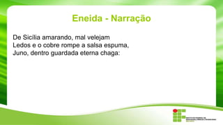 Eneida - Narração
De Sicília amarando, mal velejam
Ledos e o cobre rompe a salsa espuma,
Juno, dentro guardada eterna chaga:

 