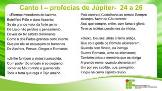 Canto I – profecias de Júpiter- 24 a 26
- «Eternos moradores do luzente,
Estelífero Pólo e claro Assento:
Se do grande valor da forte gente
De Luso não perdeis o pensamento,
Deveis de ter sabido claramente
Como é dos Fados grandes certo intento
Que por ela se esqueçam os humanos
De Assírios, Persas, Gregos e Romanos.

«Já lhe foi (bem o vistes) concedido,
Cum poder tão singelo e ao pequeno,
Tomar ao Mouro forte e guarnecido
Toda a terra que rega o Tejo ameno.

Pois contra o Castelhano ao temido Sempre
alcançou favor do Céu sereno:
Assi que sempre, enfim, com fama e glória.
Teve os troféus pendentes da vitória.

«Deixo, Deuses, atrás a fama antiga,
Que co a gente de Rómulo alcançaram,
Quando com Viriato, na inimiga
Guerra Romana, tanto se afamaram;
Também deixo a memória que os obriga
A grande nome, quando alevantaram
Um por seu capitão, que, peregrino,
Fingiu na cerva espírito divino.

 