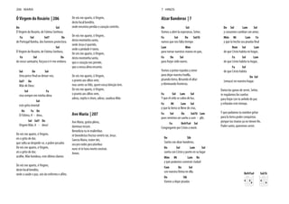Ó Virgem do Rosário | 206
Do Sol
Ó Virgem do Rosário, de Fátima Senhora;
Fa Sol Sol7 Do
de Portugal Rainha, dos homens protectora.
Sol
Ó Virgem do Rosário, de Fátima Senhora,
Fa Sol Do
do vosso santuário, forçoso é ir-me embora.
Sol Do Sol
Uma prece final ao deixar-vos,
Sol7 Do
Mãe de Deus:
Sol Fa
viva sempre em minha alma
Sol
este grito imortal:
Do Fa Do
Ó Fátima, A - deus,
Sol Sol7 Do
Virgem Mãe, A - deus!
De vós me aparto, ó Virgem,
eis o grito de dor,
que solta ao despedir-se, o pobre pecador.
De vós me aparto, ó Virgem,
eis o grito de dor,
acolhe, Mãe bondosa, este último clamor.
De vós me aparto, ó Virgem,
deste local bendito,
onde a saúde e paz, sois do enfermo e aflito.
De vós me aparto, ó Virgem,
deste local bendito,
onde encontra perdão o coração contrito.
De vós me aparto, ó Virgem,
desta montanha santa,
onde Jesus é querido,
onde a piedade é tanta.
De vós me aparto, ó Virgem,
desta montanha santa,
que o coração nos prende,
que a nossa alma encanta.
De vós me aparto, ó Virgem,
o pranto aos olhos vem,
mas sente-se feliz, quem vossa bênção tem.
De vós me aparto, ó Virgem,
o pranto aos olhos vem,
adeus, repito e choro, adeus, saudosa Mãe.
Ave Maria | 207
Ave Maria, gratia plena,
dominus tecum.
Benedicta tu in mulieribus
et benedictus fructus ventris tui, Jesus.
Sancta Maria, mater dei,
ora pro nobis peccatoribus
nunc et in hora mortis nostrae.
Amen.
206 MARIA
Alzar Banderas | 7
Do Sol
Vamos a abrir la esperanza, Señor,
Fa Sol Do Sol/Si
vamos que nos falta tiempo
Lam Mim
para tornar nuestras manos en pan,
Fa Do Sol
para forjar cielo nuevo.
Vamos a juntar espadas y amor
para dejar nuestra huella,
pisando tierra, llevando el altar
y eliminando fronteras.
Fa Sol Lam Sol
Y que el cielo se cubra de luz,
Fa Mi Lam Sol
y que la tierra se llene de cruz,
Fa Sol Do Sol/Si Lam
pues venimos un sueño a cum - plir,
Fa Re9/Fa# Sol
Congregante por Cristo a morir.
Do Sib
Sueña con alzar banderas,
Do Sol Lam Sol
sueña con Cristo y ponte en su lugar
Mim Mi Lam Re
y que podamos construir ciudad
Fam Do Sol
con nuestra Reina en ella.
Do Sib
Vamos a dejar pisadas
Do Sol Lam Sol
y corazones cambiar con amor,
Mim Mi Lam Fa
Rem Sol Lam
de que Cristo habita mi hogar,
Fa Sol Lam
de que Cristo habita tu hogar,
Fa Sol
de que Cristo habita
Do Sol
(renace) en nuestro hogar.
Danos las ganas de servir, Señor,
te regalamos los sueños
para forjar con tu anhelo de paz
y refundar este tiempo.
Y que podamos tu nombre gritar
para la tierra poder conquistar,
Padre santo, queremos servir.
Re9/Fa# Sol/Si
7 HINOS
 