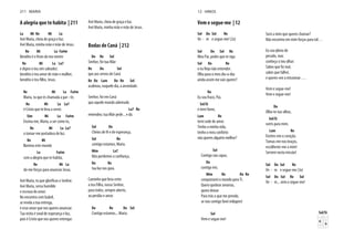 A alegria que te habita | 211
La Mi Re Mi La
Avé Maria, cheia de graça e luz.
Avé Maria, minha mãe e mãe de Jesus.
Re Mi La Fa#m
Bendito é o fruto do teu ventre
Re Mi La La7
e digno o teu sim salvador;
bendito o teu amor de mãe e mulher,
bendito o teu filho, Jesus.
Re Mi La Fa#m
Maria, tu que és chamada a par - tir,
Re Mi La La7
é Cristo que te leva a servir.
Sim Mi La Fa#m
Ensina-me, Maria, a ser como tu,
Re Mi La La7
a tornar-me portadora de luz.
Re Mi
Ilumina este mundo
La Fa#m
com a alegria que te habita,
Re Mi La
dá-me forças para anunciar Jesus.
Avé Maria, tu que glorificas o Senhor.
Avé Maria, serva humilde
e escrava do amor.
No encontro com Isabel,
se revela a tua entrega,
é esse amor que nos queres anunciar.
Tua visita é sinal de esperança e luz,
pois é Cristo que nos queres entregar.
Avé Maria, cheia de graça e luz.
Avé Maria, minha mãe e mãe de Jesus.
Bodas de Caná | 212
Do Re Sol
Senhor, foi tua Mãe
Re Do Sol
que aos servos de Caná
Re Do Lam Do Re Sol
acalmou, naquele dia, a ansiedade.
Senhor, foi em Caná
que aquele mundo admirado
La7 Re
entendeu: tua Mãe pede... e dá.
Sol Do
Cheios de fé e de esperança,
Sol Re
contigo estamos, Maria.
Mim La7
Não perdemos a confiança,
Do Re
tua luz nos guia.
Caminho que leva certo
a teu Filho, nosso Senhor,
para todos, sempre aberto,
ao perdão e amor.
Do Re Do Sol
Contigo estamos... Maria.
211 MARIA
Vem e segue-me | 12
Sol Do Sol Re
Ve - m e segue-me! (2x)
Sol Do Sol Re
Meu Pai, pedes que te siga
Sol Do Re
Olha para o meu dia-a-dia:
ainda assim me vais querer?
Do
Eu sou fraco, Pai,
Sol/Si
e terei fome,
Lam Re
terei sede de amor.
Tenho a minha vida,
tenho o meu conforto
não queres alguém melhor?
Sol
Contigo sou capaz,
Do
contigo irei,
Mim Re Do Re
conquistarei o mundo para Ti.
Quero quebrar amarras,
quero deixar
Para trás o que me prende,
se vou contigo farei milagres!
Sol
Vem e segue-me!
Será a mim que queres chamar?
Não encontro em mim forças para tal…
Eu sou pleno de
pecado, mas
conheço o teu olhar:
sabes que falhei,
e queres-me a missionar….
Vem e segue-me!
Vem e segue-me!
Do
Olho-te nos olhos,
Sol/Si
sorris para mim.
Lam Re
Enches-me o coração.
Tomas-me nos braços,
escolheste-me a mim!
Servirei nesta missão!
Sol Do Sol Re
Ve - m e segue-me (3x)
Sol Do Sol Re Sol
Ve - m... vem e segue-me!
Sol/Si
12 HINOS
 