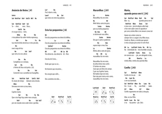Anúncio do Reino | 41
intro:
Sol Re9/Fa# Do9 Sol/Si Mi7 Re
Sol Re9/Fa# Do9 Sol
Se - nhor, meu Deus,
Sol/Si Do
és tu que vens a mim,
Mim Re Do
e tua palavra faz arder minha esperança,
Sol Do Fa Re
tua misericórdia atravessa o meu pecado,
Do
num rasgo de luz
Re Sol Sol7
que vem p’ra nos salvar.
Do Re
Completou-se o tempo,
Sol Do Re
o Reino de Deus está perto. (2x)
Re Do Sol
Convertei-vos e acreditai no Evangelho.
Sol Re9/Fa# Do9 Sol/Si Do9
Os sinais do tempo clamam uma missão.
Mim Re
Derrama em mim os teus dons,
Do9
Espírito Santo.
Sol Re Fa Re
Que o teu fogo faça arder meu coração,
Do9 Re Sol Sol7
por um mundo novo onde reine o perdão.
La7 Do
Por ti darei a vida,
Lam7 Re Sol
que reine em mim tua palavra.
Esta luz pequenina | 42
Mi
Esta luz pequenina vou deixá-la brilhar,
La Mi
Esta luz pequenina vou deixá-la brilhar,
Sol#m7 Do#m
Esta luz pequenina vou deixá-la brilhar,
Mi Si7 Mi La Mi
Vou deixá-la, vou deixá-la bri - lhar.
Esta luz de Cristo...
Onde quer que eu vá...
No homem que encontro...
No coração que sofre...
Nos caminhos da vida....
Do9 Re9/Fa# Sol/Si
HINOS 41
Maravilhas | 241
La Do#m
Maravilhas fez em mim.
Re Mi
Minh'alma canta de gozo,
Fa#m Do#m
pois na minha pequenez
Re Sim Mi
se detiveram seus olhos.
Fa#m Do#m
Ele que é santo e poderoso
Re Sim
espera hoje o meu Sim.
La Do#m
Minha alma canta de gozo,
Re Mi La
maravilhas fez em mim.
Maravilhas fez em mim,
da alma brota meu canto.
O Senhor me amou
mais que aos lírios do campo.
E por seu Espírito Santo,
Ele habita hoje em mim.
Que não pare nunca este canto,
maravilhas fez em mim.
Maria,
quando penso em ti | 242
Sol Re9/Fa# Mim Do9 Re Sol
Mar - ia, quando penso em ti
Re9/Fa# Mim Dom Sol
o meu cora - ção de alegria salta hoje
por seres minha Mãe e me amares como tal.
Ajuda-me a dizer como tu
Sendo tu, Maria, a estrela que guiará
Mi La La9/Sol# Fa#m Re Mi La
Na intimidade do meu humilde coração,
La9/Sol# Fa#m Rem La
em sincera ora - ção, um obrigado te dou,
Mi Rem/La La
minha Mãe, minha tão querida Mãe.
Sol Re9/Fa# Mim
Do Lam Re
e em tua bondade.
Sol Re9/Fa# Mim Do Lam Re
Si7 Mim Si7 Mim
Do
Mãe, no teu Filho
Sol/Si Lam Re Sol
e na tua protec - ção. (bis)
La9/Sol# Do9 Re9/Fa#
Rem/La Re9/Fa# Sol/Si
MARIA 241
 