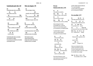 Caminhando pela vida | 69
Sol Mim
Caminhando pela vida vou cantando,
Do Re
vou rezando ao meu Deus.
Sol Mim
E a gente que encontro em meu caminho
Do Re
me ensina a ser feliz.
Sol Mim
Feliz caminhar para o Senhor,
Do Re
sempre a caminhar com muita fé.
Sol Mim
Feliz caminhar para o Senhor,
Do Re
e no fim o Amor.
Caminhando pela vida vou cantando,
vou tentando ser melhor.
E aos outros que caminham ao meu lado
vou levando teu amor.
Vêm com alegria | 70
Do
Vêm com alegria, Senhor,
Do7
cantando, vêm com alegria, Senhor,
Fa Do Lam
os que caminham pela vida, Senhor,
Rem Sol
semeando a tua paz e amor. (bis)
Do Sol
Vêm trazendo a esperança
Sol7 Do
ao mundo coberto de ansiedade,
Sol
ao mundo que procura e não encontra
Sol7 Do
caminhos de amor e de amizade.
Vêm fazendo corajosos
esforços fraternos de paz,
desejos dum mundo mais humano,
fundado no bem e na verdade.
HINOS 69
De una
historia entre dos | 276
Do Fa
Juntos plasmar una ilusión,
Rem Mim Fa Sol
tu mano, mi mano, un solo corazón.
Do Fa
Vive en mi rostro tu verdad.
Rem Mim Fa Sol
Forja en mis manos servicio y santidad.
Quiero entregarte mi ideal,
en la batalla morir, mi vida dar.
Vamos, tú y yo una misma canción,
yo tu instrumento y tú el hábil trovador.
Y cuando empiece a oscurecer
sólo en ti yo lograré blandir
esa espada, esa cruz para irrumpir.
Do Fa
Vamos que María espera,
Lam Sol Do
abre camino de Cristo,
Fa
vuela hasta lo alto,
Lam Sol
fundando en las vidas
Rem Mim Fa Sol
luz creadora, sal transformadora,
Fa Sol Do
misión es al mundo cambiar.
Nace desde el fuego de tu amor
nueva esperanza es de día bajo el sol.
Dentro de mi pecho vivirán
grandes anhelos despiertan libertad.
Y si es más fácil abdicar,
voz que incendia y busca inquietar
por tu entrega juraré fidelidad.
Eis a tua Mãe | 277
Re Sim Do La
Tenho algo importante para te dar,
Re Do Sol La
aquela que Deus escolheu para mim.
Sol La Fa#m Sim
É a tua missão, vai a - nunciar
Sol La Fa#m Sim
pois da prova de amor mais ousada, te digo
Mim Re La Do Sol La La7
Eis a tua Mãe, leva-a contigo!
Re La Sim
Viemos mostrar e queremos servir
Sol
seja um sorriso
Mim La
o que se conseguir. (2x)
Vamos com o desejo de te levar
a todos os que formos encontrar.
Os nossos corações querem servir
aos teus mais amados e assim sorrir e ouvir:
Eis a tua Mãe, leva-a contigo!
final: Do Re La Sol La Re
Eis a tua Mãe, Eis a nos - sa Mãe!
SCHOENSTATT 276
 