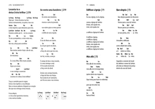 Levanta-te e
deixa Cristo brilhar | 278
La7maj Re7maj La7maj Re7maj
Hoje par - timos levamos tua luz.
Somos instrumentos, no peito a tua cruz
Do#m Sim Re Mi
e não importa o que deixamos para trás.
La9/Do# Si4/Re# Re Mi La7maj
Estamos unidos por ti, no teu coração.
Re Mi La Fa#m
Tu nos acompanhas, e estás entre nós,
Re Si7 Mi
dás-nos a força para acreditar.
La Mi Re La9/Do#
Não tenhas medo é hoje o dia de sair,
Mi Re
de missionar.
Sim Mi
Re Mi
Hoje eu te envio
Do#7 La9/Do#
e vou contigo a anunciar:
Mi Re Mi
Levanta-te e deixa Cristo brilhar!
Traça o caminho para te seguir.
Envia o teu Espírito e a tua bênção.
Que as nossas palavras cheguem ao coração
dos que nos entregas nesta missão.
A tua alegria
e o teu amor queremos mostrar,
o teu sorriso irradiar.
Ao vento uma bandeira | 279
Re Sol
Ao vento uma bandeira,
Re La Re
mostra o rumo da jornada,
Sol
nas noites guia os meus passos
Re La Re
o brilho de uma espada.
La Re
A voz de Maria um clarim.
La Re
Eu sei por quem vou lutar,
La Re
a força do amor que nos une,
La Re
me faz, na luta, avançar.
É campo de luta o meu mundo,
é o meu inimigo o mal.
A fé escudo invencível,
a força vem do ideal.
Irmãos vão comigo lutando,
o fogo de Deus nos forjou.
Na escola de um Santuário,
um Pai nos uniu e nos treinou.
La7maj La9/Do# Si4/Re#
4
Re7maj
278 SCHOENSTATT
Edificar a Igreja | 71
Do
Eu sou a Igreja, tu és a Igreja,
Sol
somos a Igreja do Senhor.
Irmão, vem ajuda-me,
irmã, vem ajuda-me
Do
a edificar a Igreja do Senhor.
A edificar a Igreja,
a edificar a Igreja,
a edificar a Igreja do Senhor.
Irmão, vem ajuda-me
irmã, vem ajuda-me
a edificar a Igreja do Senhor.
Más allá | 72
Re La
Más allá de mis miedos,
Sim Fa#m
más allá, de mi inseguridad,
Sol La
quiero darte una respuesta.
Re La Sim
Aquí estoy para hacer tu voluntad,
Fa#m
para qui me amor sea
Sol
decirte Sí,
La Re
hasta el final.
Que alegria | 73
Re Sol La Re
Que alegria quando me disseram:
Mi Mi7 La La7
Vamos para a casa do Senhor.
Re Re7 Sol
Nossos passos já se detêm,
Re Mim La Re
às tuas portas, Jeru - sa - lém.
Re Sim
Jerusalém, edificada
Mi La
como cidade bem unida,
Re Re7 Sol
a ti sobem as tribos,
Solm Re Mim La Re
as tribos do Se - nhor.
Segundo o costume de Israel
de celebrar o nome do Senhor.
ali estão os tribunais da justiça
dentro da casa de David.
71 HINOS
 
