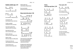 Bendito, bendito sejas | 119
Re Re7 Sol
Bendito, bendito sejas
La Re
Cristo, meu Senhor, pela Eucaristia.
Re7 Sol Re
És força no caminhar,
La Re
luz no entardecer, estrela que nos guia.
A ti vão matar a sede,
fonte de água viva, para a vida eterna.
Os pobres e oprimidos
encontram em Cristo a sua cisterna.
Quem bebe de qualquer fonte
sempre terá sede no seu caminhar.
Quem bebe de Jesus Cristo
torna-se nascente sempre a jorrar.
Bendito, bendito sejas
Pastor que nos levas às águas da vida.
Abristes o coração
dele nasceu a Igreja, nossa Mãe querida.
Vós todos que tendes sede,
vinde às águas puras mesmo sem pagar.
Jesus quis morrer na cruz,
para todo o homem de graça salvar.
Bendito, bendito sejas
rocha do deserto, salvação do povo.
Que a nossa Eucaristia
dê frutos de vida, frutos de amor novo.
Deixa a luz do Céu entrar | 120
Do Lam Rem Sol7
Tu anseias, eu bem sei a salva - ção,
Rem Sol7 Do
tens desejo de banir a escuridão.
Do7 Fa Fam
Abre, pois, de par em par teu coração
Do Lam Rem Sol7 Do
e deixa a luz do Céu en - trar.
Do Sol7
Deixa a luz do Céu entrar.
Rem Sol7 Do
Deixa a luz do Céu entrar.
Do7 Fa Fam
Abre bem as portas do teu coração
Do Lam Rem Sol7 Do
e deixa a luz do Céu en - trar.
Cristo a luz do Céu, em ti quer habitar,
para as trevas do pecado dissipar.
Teu caminho e coração iluminar
e deixa a luz do Céu entrar.
Que alegria andar ao brilho desta luz,
vida eterna e paz no coração produz.
Oh! Aceita agora o Salvador Jesus
e deixa a luz do Céu entrar.
JESUS 119
Senhor,
venho hoje aqui deixar | 349
Do Fa Sol Do
Senhor, venho hoje aqui deixar,
Fa Sol Do
em oração entregar
Fa Re9/Fa# Sol
tudo aquilo que passou.
Do Fa Sol Do
Senhor, são os dias que vivi,
Fa Sol Do
sorrisos que recebi,
Fa Re9/Fa# Sol
o a - mor que eu encontrei.
Do Fa Sol Do
Senhor, a minha vida é assim,
Fa Sol Do
aqui a deixo para ti,
Fa Sol Do
é tua, queres aceitar,
Fa Sol Do
Se - nhor, meu Deus. (bis)
É teu o pão | 350
Do Sol Lam Mim
É teu o pão que nós ofere - cemos,
Fa Sol
é tua a vida que vivemos.
É teu o vinho que nós ofertamos,
Do7
é tua a dor que suportamos.
Fa Sol Do Lam
Obrigado, Senhor, meu Deus,
Fa Sol Do Do7
obrigado, Senhor.
Fa Sol Do Lam
A tua vida é a nossa vida.
Fa Sol La
Obrigado, Senhor,
Fa Sol Do
pois só vós sois o amor.
A vós, Deus e meu Senhor,
meu corpo e minha alma ofereço.
A vós, ó Rei imortal,
ofereço todo o universo.
Re9/Fa#
LITURGIA 349
 