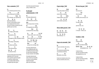 Sois a semente | 127
La
Sois a semente que há-de crescer,
Re Mi
sois a estrela que há-de brilhar.
La Fa#m Re
Sois o fermento, sois o grão de sal,
La Mi La
luzeiro para iluminar.
Vós sois o sol da manhã a nascer,
sois a espiga que há-de crescer.
Vós sois no mundo a denúncia do mal,
profetas que vou enviar.
Mi La
Ide, amigos, pelo mundo,
Re La
anunciando o amor,
Re La Sim Mi
mensageiros da vida, do perdão e da paz.
Mi La
Sede amigos, testemunhas
Re La
da minha ressurreição;
Re La
sede minha presença,
Sim Mi La
Eu convosco estarei.
Sois uma chama que há-de acender,
esplendores de fé e de amor.
Sois os pastores que hão-de guiar
o mundo por sendas de paz.
Sois os amigos eleitos de Deus,
sois palavra que deve gritar.
Sois reino novo que há-de gerar
justiça, verdade e amor.
Eu desejei
ardentemente | 128
Do
Eu desejei ardentemente
Fa Sol Do
comer esta Páscoa convosco.
Rem
Fazer-me pão, fazer-me vinho,
Do Lam
ser companheiro de caminho
Rem Sol
e, mais que tudo, vosso amigo.
Fa Sol Do Do7
Tomai e comei, este é o meu corpo.
Fa Sol Do Do7
Tomai e bebei, este é o meu sangue,
Fa Sol Mim Lam
que por vós se entrega,
Rem Sol
que por vós se entrega. (bis)
Eu desejei ardentemente
viver trabalhando pelo reino.
Ser defensor dos meus irmãos,
de cada homem desprezado,
dos que semeiam com trabalho.
Eu desejei ardentemente
viver e morrer ao vosso lado.
Ser força e voz dos profetas,
alimento desejado
pelos mais necessitados.
JESUS 127
A paz esteja | 362
Mi Do#m
A paz esteja sempre connosco,
La Si7
somos irmãos a caminhar.
Mi Do#m
Sempre unidos e com amor,
La Si7 Mi
vamos Senhor a paz levar.
Dona nobis pacem | 363
Do Sol Do Sol
Dona nobis pacem, pacem.
Fa Do Sol Do
Dona nobis pace - m.
A paz vai correndo | 364
Re
A paz vai correndo como um rio,
La Re
vai correndo de mão para mão,
vai correndo p’ró deserto,
La Re
libertando o meu irmão.
O amor vai correndo como um rio...
A luz vai correndo como um rio...
Dá-nos tua paz | 365
Sol
Dá-nos tua paz,
Lam
dá-nos tua paz.
Do Sol
Ó Senhor, dá-nos tua paz. (2x)
Re Do
Fica aqui, Senhor,
Sol
perto de mim. (2x)
Re Do Sol
E a tua paz reinará. (2x)
Cordeiro | 366
Sol Do
Cordeiro de Deus
Re Sol
que tiras o pecado do mundo,
Re9/Fa# Mim Do Re Sol
tem piedade de nós. - (4x)
Cordeiro de Deus
que tiras o pecado do mundo,
tem piedade de nós. (4x)
Cordeiro de Deus
que tiras o pecado do mundo,
dá-nos a tua paz. (4x)
Re9/Fa#
LITURGIA 362
 
