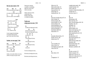 Dá-me uma razão | 143
Lam Mim Fa Sol
Dá-me uma razão para te seguir, Senhor,
Lam Mim
p'ra cantar o teu nome a quem não sabe
Fa Sol La
que Tu és o amor, o nosso salvador.
Fa#m
Ouve irmão o que Ele diz,
Re La Mi
quando não te dão razão,
La Fa#m
quando choras, quando ris,
Re La Mi
ele virá dar-te a mão.
Se tiver coragem de tudo largar,
eu irei pela estrada anunciar
que Tu virás, Jesus Cristo, Senhor.
Senhor, eis-me aqui | 144
Lam Rem Sol Do
Senhor, eis-me aqui a pensar em ti,
Lam Rem
ouve a minha oração
Mi Mi7 Lam
e dá-me o teu perdão.
Senhor, a ti eu canto, Senhor a ti eu rezo,
Senhor a ti eu peço a tua paz e amor.
Senhor que és salvação,
o caminho e a ressurreição,
ajuda-me a crescer na fé
e dá-me a tua mão.
Senhor, ensina-me a viver,
sorrindo todo o dia,
levando a todos união,
e a verdade com alegria.
Tenho um
amigo que me ama | 145
Do
Eu tenho um amigo que me ama,
Sol Do
que me ama, que me ama.
Eu tenho um amigo que me ama,
Sol Sol7 Do
seu nome é Je - sus
Do7 Fa
É um amigo que me ama,
Do
é um amigo que me ama,
Sol
é um amigo que me ama,
Do
é Jesus (x2)
Tu tens um amigo que te ama...
Nós temos um amigo que nos ama...
Nós temos uma mãe que nos ama...
JESUS 143
Glória a vós 342
Glória cantem todos 331
Glória in excelsis Deo 314
Graças pelo bem 136
Grão de trigo 10
Guiado pela mão 138
H
Hasta que el mundo arda por Él 233
Hino à caridade 20
Hino da coroação 284
Hino da Família 272, 282
Hino das Aliadas 287
Hino das Apóstolas 295
Hino de Franz Reinisch 266
Hino dos Pastorinhos 13
Hino Missões 2009 283
Hóstia divina 151
I
Imaculada, Maria de Deus 214
Inunda o meu ser 188
Irmãos nossos 291
J
Jesus escondido 105
Jesus, o Cristo 165
José Engling vai à guerra 286
Junto ao mar 89
K
Kyrie, eleison 320
L
La flagelación 137
Laudade omnes gentes 160
Laudate Dominum 169
Lenta e calma 26
Levanta-te e deixa Cristo brilhar 278
Louvado sejas 22
Luz terna e suave 35
M
Mãe 228
Mãe peregrina 268
Mãe, aqui estou 218
Mãe, o meu dia chegou ao fim 226
Magnificat 245, 252
Maravilhas 241
Maria 231, 253
Maria da aliança 290
Maria, luz de esperança 210
Maria, por ti ofereço 347
Maria, quando penso em ti 242
Más allá 72
Más allá del mar 267
Meu menino pequenino 38
Minha Mãe 235
Minha vida tem sentido 346
Miraculosa 209
Misericordias Domini 180
Muito baixinho 224
My Queen, my Mother 240
N
Na vida e na morte 271
Nada nos separará 163
Nada sem ti e sem nós 227
Nada sem ti, nada sem nós 215
Nada te perturbe 179
ÍNDICE G
 