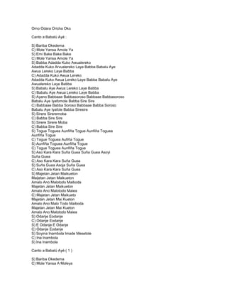 Omo Odara Oricha Oko

Canto a Babalú Ayé :

S) Bariba Okedema
C) Mole Yansa Amole Ya
S) Emi Bake Bake Bake
C) Mole Yansa Amole Ya
S) Babba Adadda Kuko Awualereko
Adadda Kuko Arvualereko Laye Babba Babalu Aye
Awua Lereko Laye Babba
C) Adadda Kuko Awua Lereko
Adadda Kuko Awua Lereko Laye Babba Babalu Aye
Awualereko Laye Babba
S) Babalu Aye Awua Lereko Laye Babba
C) Babalu Aye Awua Lereko Laye Babba
S) Ayano Babbaae Babbasoroso Babbaae Babbasoroso
Babalu Aye Iyafomole Babba Sire Sire
C) Babbaae Babba Soroso Babbaae Babba Soroso
Babalu Aye Iyafole Babba Siresire
S) Sirere Sireremoba
C) Babba Sire Sire
S) Sirere Sirere Moba
C) Babba Sire Sire
S) Togue Toguea Aunfiña Togue Aunfiña Toguea
Aunfiña Togue
C) Togue Toguea Aufiña Togue
S) Aunfiña Toguea Aunfiña Togue
C) Togue Toguea Aunfiña Togue
S) Aso Kara Kara Suña Guea Suña Guea Asoyi
Suña Guea
C) Aso Kara Kara Suña Guea
S) Suña Guea Asoja Suña Guea
C) Aso Kara Kara Suña Guea
S) Majetan Jetan Maikueton
Maijetan Jetan Maikueton
Amalo Ano Malotodo Maiboda
Majetan Jetan Maikueton
Amalo Ano Malotodo Maiea
C) Majetan Jetan Maikueto
Majetan Jetan Mai Kueton
Amalo Ano Malo Todo Maiboda
Majetan Jetan Mai Kueton
Amalo Ano Malotodo Maiea
S) Odanje Eodanje
C) Odanje Eodanje
S) E Odanje E Odanje
C) Odanje Eodanje
S) Soyina Inambola Imade Mesetole
C) Ina Inambola
S) Ina Inambola

Canto a Babalú Ayé ( 1 )

S) Bariba Okedema
C) Mole Yansa A Moleya
 