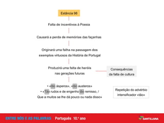 Falta de incentivos à Poesia
Estância 98
Causará a perda de memórias das façanhas
Originará uma falha na passagem dos
exemplos virtuosos da História de Portugal
Produzirá uma falta de heróis
nas gerações futuras
Consequências
da falta de cultura
• «tão ásperos», «tão austeros»
• «Tão rudos e de engenho tão remisso, /
Que a muitos se lhe dá pouco ou nada disso»
Repetição do advérbio
intensificador «tão»
 