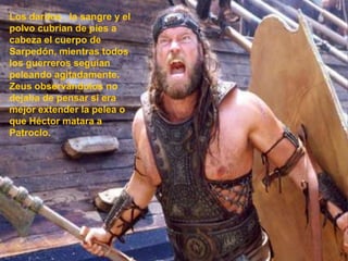 Los dardos , la sangre y el polvo cubrían de pies a cabeza el cuerpo de Sarpedón, mientras todos los guerreros seguían peleando agitadamente. Zeus observándolos no dejaba de pensar si era mejor extender la pelea o que Héctor matara a Patroclo.