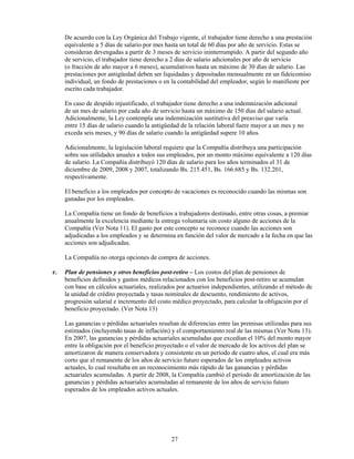De acuerdo con la Ley Orgánica del Trabajo vigente, el trabajador tiene derecho a una prestación
     equivalente a 5 días de salario por mes hasta un total de 60 días por año de servicio. Estas se
     consideran devengadas a partir de 3 meses de servicio ininterrumpido. A partir del segundo año
     de servicio, el trabajador tiene derecho a 2 días de salario adicionales por año de servicio
     (o fracción de año mayor a 6 meses), acumulativos hasta un máximo de 30 días de salario. Las
     prestaciones por antigüedad deben ser liquidadas y depositadas mensualmente en un fideicomiso
     individual, un fondo de prestaciones o en la contabilidad del empleador, según lo manifieste por
     escrito cada trabajador.

     En caso de despido injustificado, el trabajador tiene derecho a una indemnización adicional
     de un mes de salario por cada año de servicio hasta un máximo de 150 días del salario actual.
     Adicionalmente, la Ley contempla una indemnización sustitutiva del preaviso que varía
     entre 15 días de salario cuando la antigüedad de la relación laboral fuere mayor a un mes y no
     exceda seis meses, y 90 días de salario cuando la antigüedad supere 10 años.

     Adicionalmente, la legislación laboral requiere que la Compañía distribuya una participación
     sobre sus utilidades anuales a todos sus empleados, por un monto máximo equivalente a 120 días
     de salario. La Compañía distribuyó 120 días de salario para los años terminados el 31 de
     diciembre de 2009, 2008 y 2007, totalizando Bs. 215.451, Bs. 166.685 y Bs. 132.201,
     respectivamente.

     El beneficio a los empleados por concepto de vacaciones es reconocido cuando las mismas son
     ganadas por los empleados.

     La Compañía tiene un fondo de beneficios a trabajadores destinado, entre otras cosas, a premiar
     anualmente la excelencia mediante la entrega voluntaria sin costo alguno de acciones de la
     Compañía (Ver Nota 11). El gasto por este concepto se reconoce cuando las acciones son
     adjudicadas a los empleados y se determina en función del valor de mercado a la fecha en que las
     acciones son adjudicadas.

     La Compañía no otorga opciones de compra de acciones.

r.   Plan de pensiones y otros beneficios post-retiro – Los costos del plan de pensiones de
     beneficios definidos y gastos médicos relacionados con los beneficios post-retiro se acumulan
     con base en cálculos actuariales, realizados por actuarios independientes, utilizando el método de
     la unidad de crédito proyectada y tasas nominales de descuento, rendimiento de activos,
     progresión salarial e incremento del costo médico proyectado, para calcular la obligación por el
     beneficio proyectado. (Ver Nota 13)

     Las ganancias o pérdidas actuariales resultan de diferencias entre las premisas utilizadas para sus
     estimados (incluyendo tasas de inflación) y el comportamiento real de las mismas (Ver Nota 13).
     En 2007, las ganancias y pérdidas actuariales acumuladas que excedían el 10% del monto mayor
     entre la obligación por el beneficio proyectado o el valor de mercado de los activos del plan se
     amortizaron de manera conservadora y consistente en un período de cuatro años, el cual era más
     corto que el remanente de los años de servicio futuro esperados de los empleados activos
     actuales, lo cual resultaba en un reconocimiento más rápido de las ganancias y pérdidas
     actuariales acumuladas. A partir de 2008, la Compañía cambió el período de amortización de las
     ganancias y pérdidas actuariales acumuladas al remanente de los años de servicio futuro
     esperados de los empleados activos actuales.




                                               27
 
