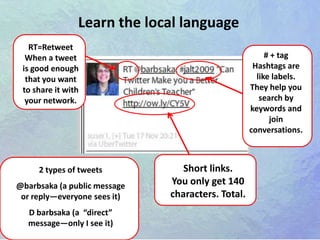Learn the local languageRT=Retweet When a tweet is good enough that you want to share it with your network.# + tagHashtags are like labels. They help you search by keywords and join conversations.Short links.You only get 140 characters. Total.2 types of tweets@barbsaka (a public message or reply—everyone sees it)D barbsaka (a  “direct” message—only I see it)                                        