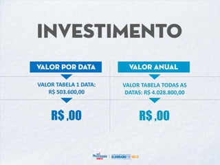 VALOR TABELA 1 DATA:
R$ 503.600,00

VALOR TABELA TODAS AS
DATAS: R$ 4.028.800,00

R$ ,00

R$ ,00

 
