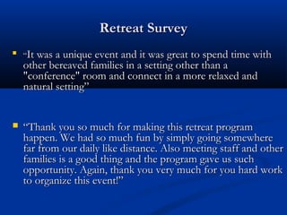 Retreat Survey

    “It was a unique event and it was great to spend time with
    other bereaved families in a setting other than a
    "conference" room and connect in a more relaxed and
    natural setting”


   “Thank you so much for making this retreat program
    happen. We had so much fun by simply going somewhere
    far from our daily like distance. Also meeting staff and other
    families is a good thing and the program gave us such
    opportunity. Again, thank you very much for you hard work
    to organize this event!”
 