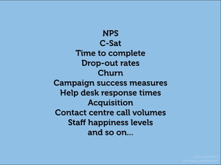 KAT HARDISTY
OPTIMAL WORKSHOP
NPS
C-Sat
Time to complete
Drop-out rates
Churn
Campaign success measures
Help desk response times
Acquisition
Contact centre call volumes
Staff happiness levels
and so on...
 