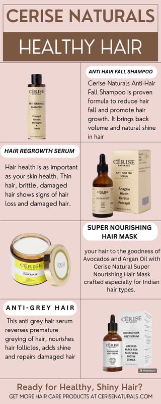 HEALTHY HAIR
CERISE NATURALS
GET MORE HAIR CARE PRODUCTS AT CERISENATURALS.COM
Ready for Healthy, Shiny Hair?
Hair health is as important
as your skin health. Thin
hair, brittle, damaged
hair shows signs of hair
loss and damaged hair.
Cerise Naturals Anti-Hair
Fall Shampoo is proven
formula to reduce hair
fall and promote hair
growth. It brings back
volume and natural shine
in hair
This anti grey hair serum
reverses premature
greying of hair, nourishes
hair follicles, adds shine
and repairs damaged hair
ANTI HAIR FALL SHAMPOO
HAIR REGROWTH SERUM
SUPER NOURISHING
HAIR MASK
your hair to the goodness of
Avocados and Argan Oil with
Cerise Natural Super
Nourishing Hair Mask
crafted especially for Indian
hair types.
A N T I - G R E Y H A I R
 