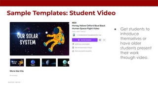 Sample Templates: Student Video
● Get students to
introduce
themselves or
have older
students present
their work
through video.
source: canva
 