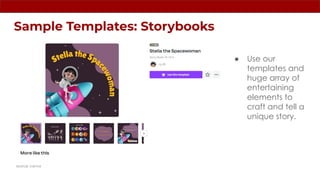 Sample Templates: Storybooks
● Use our
templates and
huge array of
entertaining
elements to
craft and tell a
unique story.
source: canva
 