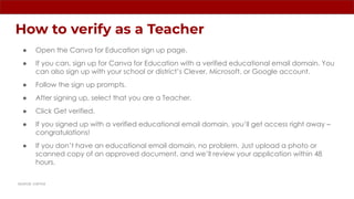 How to verify as a Teacher
● Open the Canva for Education sign up page.
● If you can, sign up for Canva for Education with a verified educational email domain. You
can also sign up with your school or district’s Clever, Microsoft, or Google account.
● Follow the sign up prompts.
● After signing up, select that you are a Teacher.
● Click Get verified.
● If you signed up with a verified educational email domain, you’ll get access right away –
congratulations!
● If you don’t have an educational email domain, no problem. Just upload a photo or
scanned copy of an approved document, and we’ll review your application within 48
hours.
source: canva
 