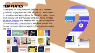 TEMPLATES
In designing for the classroom it can take hours to create
graphically engaging content like infographics, worksheets,
presentations, and videos. Canva for education makes content
creation easy with over 420,000 templates. Take a premade
education template and add your own flair! Be sure to check
out the classroom kit templates as well. Here you will find
themed classroom décor, newsletters, lesson plan templates,
and more.
 