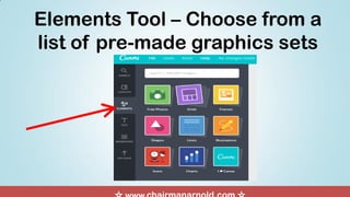 Elements Tool – Choose from a
list of pre-made graphics sets
 