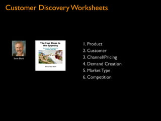 Customer Discovery Worksheets



                     1. Product
                     2. Customer
  Steve Blank        3. Channel/Pricing
                     4. Demand Creation
                     5. Market Type
                     6. Competition
 