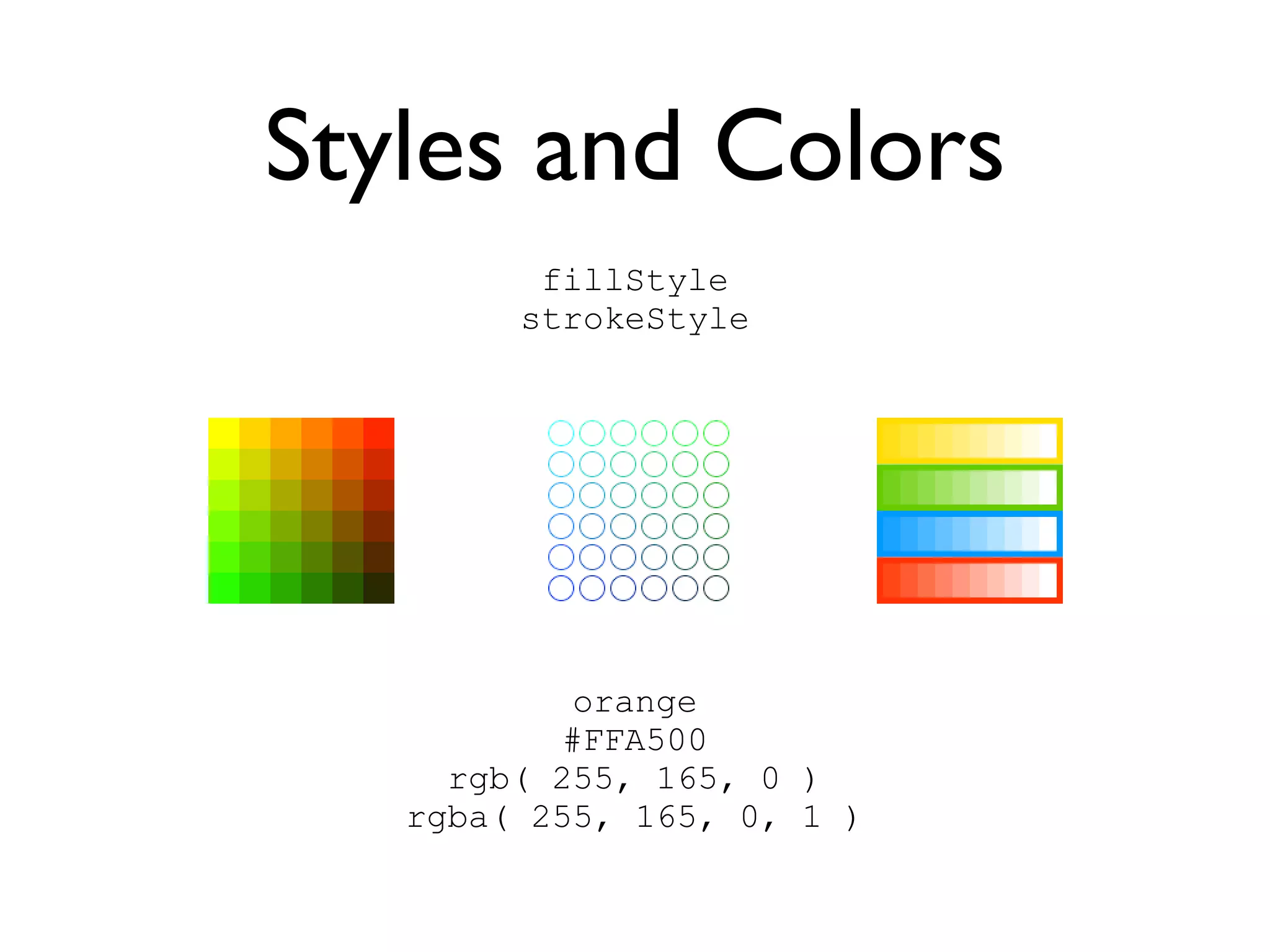 Styles and Colors
         fillStyle
        strokeStyle




            orange
           #FFA500
     rgb( 255, 165, 0 )
   rgba( 255, 165, 0, 1 )
 