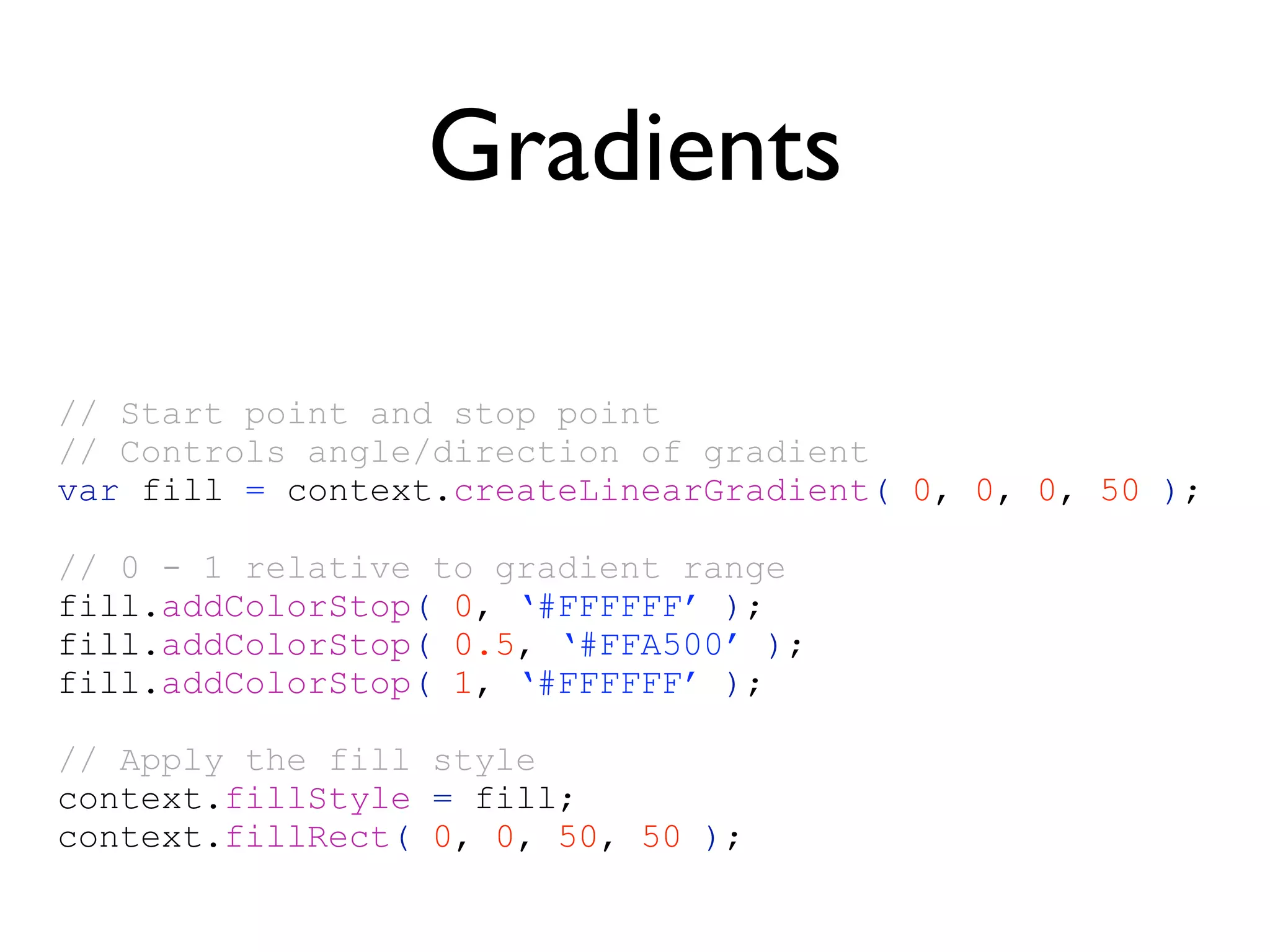 Gradients

// Start point and stop point
// Controls angle/direction of gradient
var fill = context.createLinearGradient( 0, 0, 0, 50 );

// 0 - 1 relative to gradient range
fill.addColorStop( 0, ‘#FFFFFF’ );
fill.addColorStop( 0.5, ‘#FFA500’ );
fill.addColorStop( 1, ‘#FFFFFF’ );

// Apply the fill style
context.fillStyle = fill;
context.fillRect( 0, 0, 50, 50 );
 