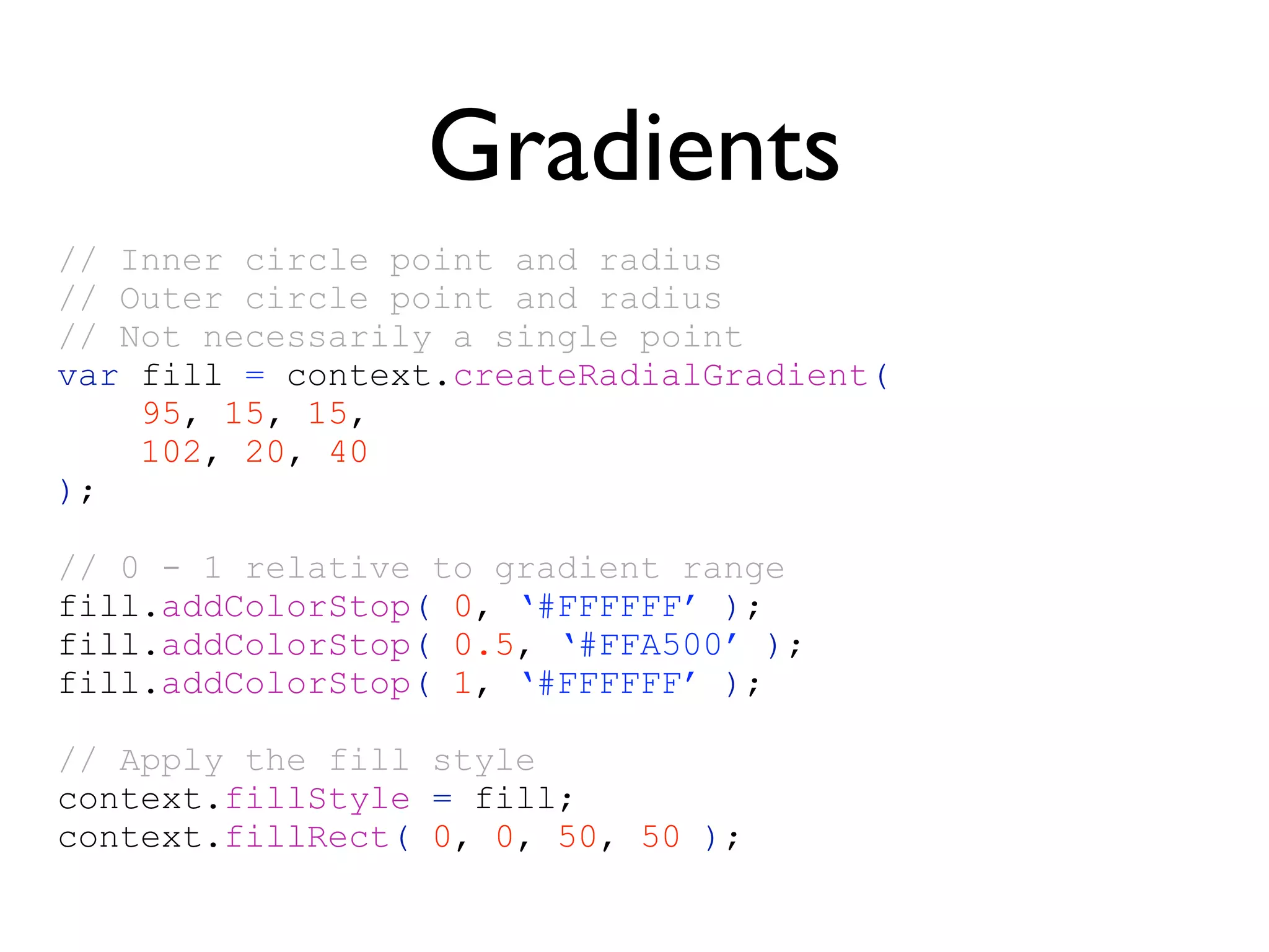 Gradients
// Inner circle point and radius
// Outer circle point and radius
// Not necessarily a single point
var fill = context.createRadialGradient(
    95, 15, 15,
    102, 20, 40
);

// 0 - 1 relative to gradient range
fill.addColorStop( 0, ‘#FFFFFF’ );
fill.addColorStop( 0.5, ‘#FFA500’ );
fill.addColorStop( 1, ‘#FFFFFF’ );

// Apply the fill style
context.fillStyle = fill;
context.fillRect( 0, 0, 50, 50 );
 