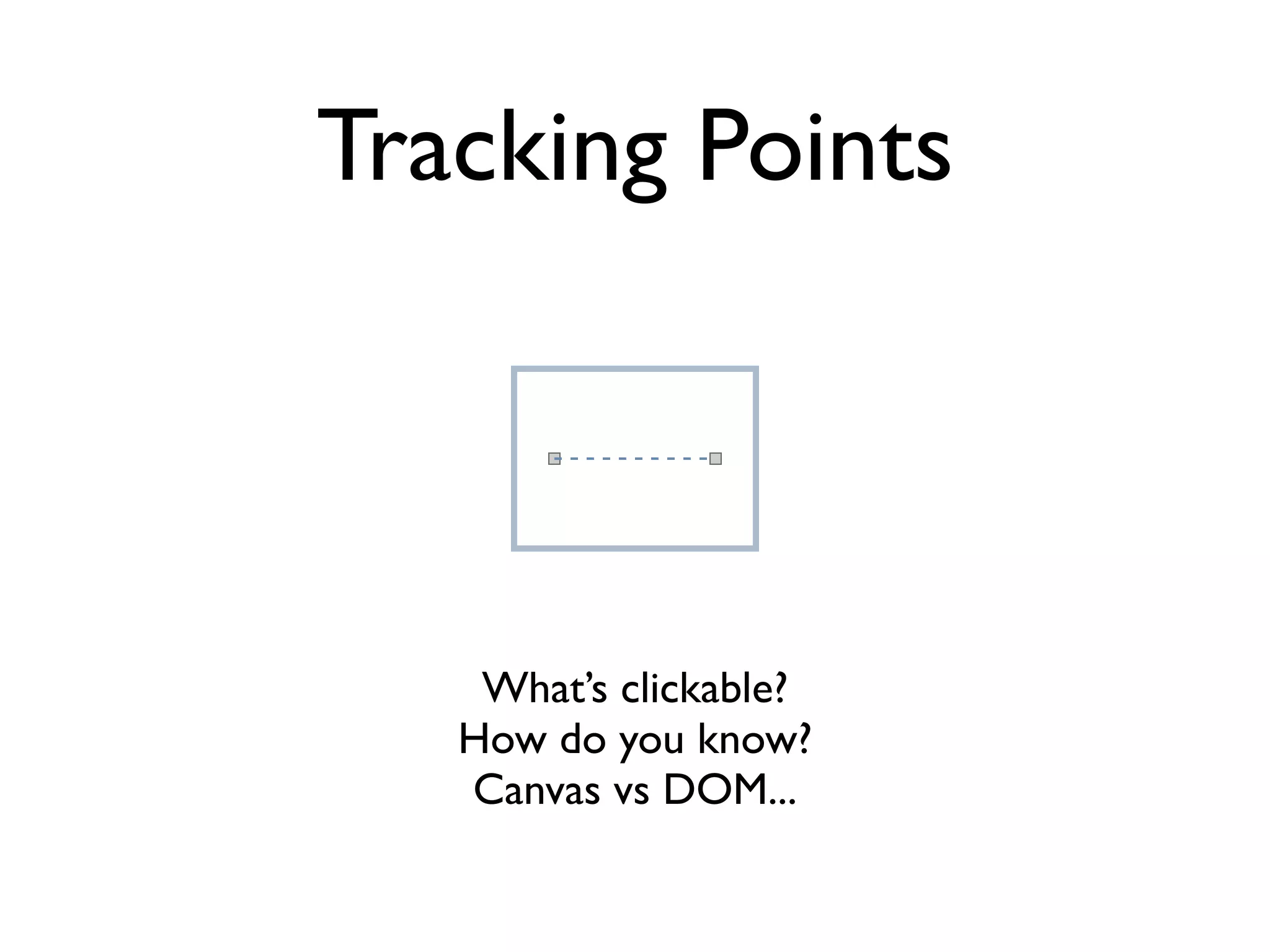 Tracking Points




    What’s clickable?
   How do you know?
   Canvas vs DOM...
 