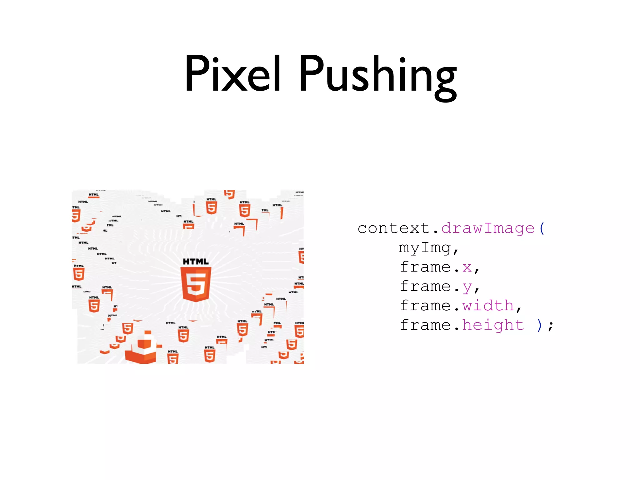 Pixel Pushing

        context.drawImage(
            myImg,
            frame.x,
            frame.y,
            frame.width,
            frame.height );
 