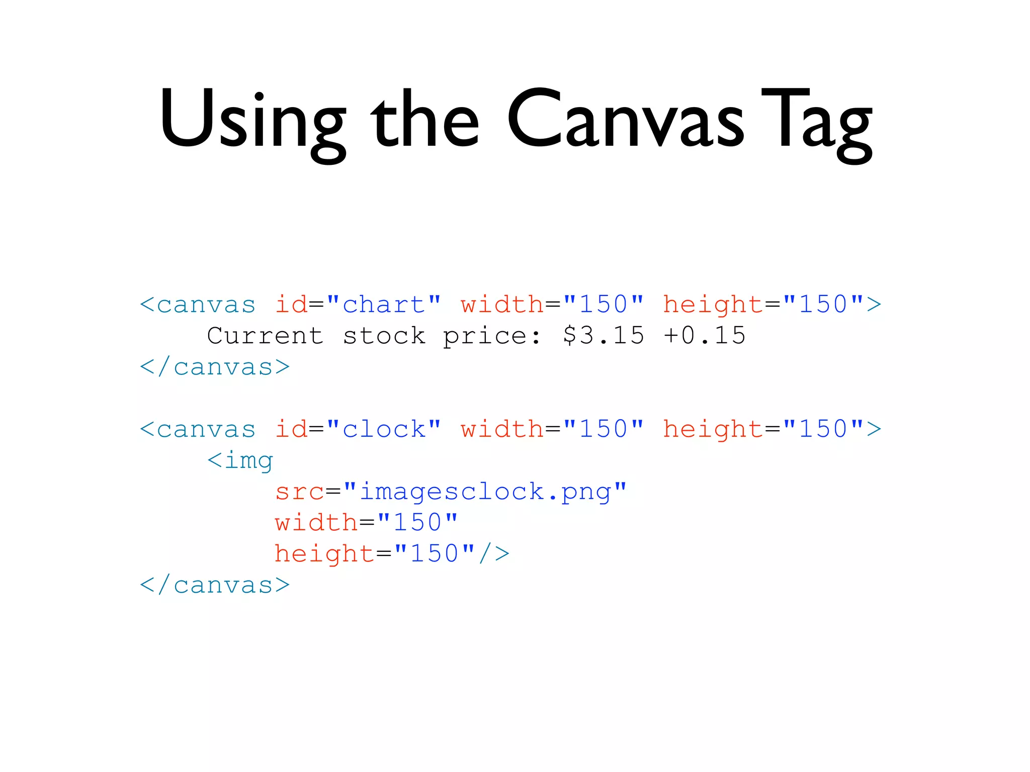 Using the Canvas Tag
<canvas id="chart" width="150" height="150">
    Current stock price: $3.15 +0.15
</canvas>

<canvas id="clock" width="150" height="150">
    <img
         src="imagesclock.png"
         width="150"
         height="150"/>
</canvas>
 