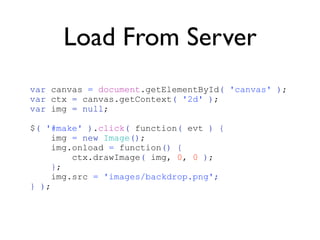 Load From Server
var canvas = document.getElementById( 'canvas' );
var ctx = canvas.getContext( '2d' );
var img = null;

$( '#make' ).click( function( evt ) {
     img = new Image();
     img.onload = function() {
         ctx.drawImage( img, 0, 0 );
    };
     img.src = 'images/backdrop.png';
} );
 