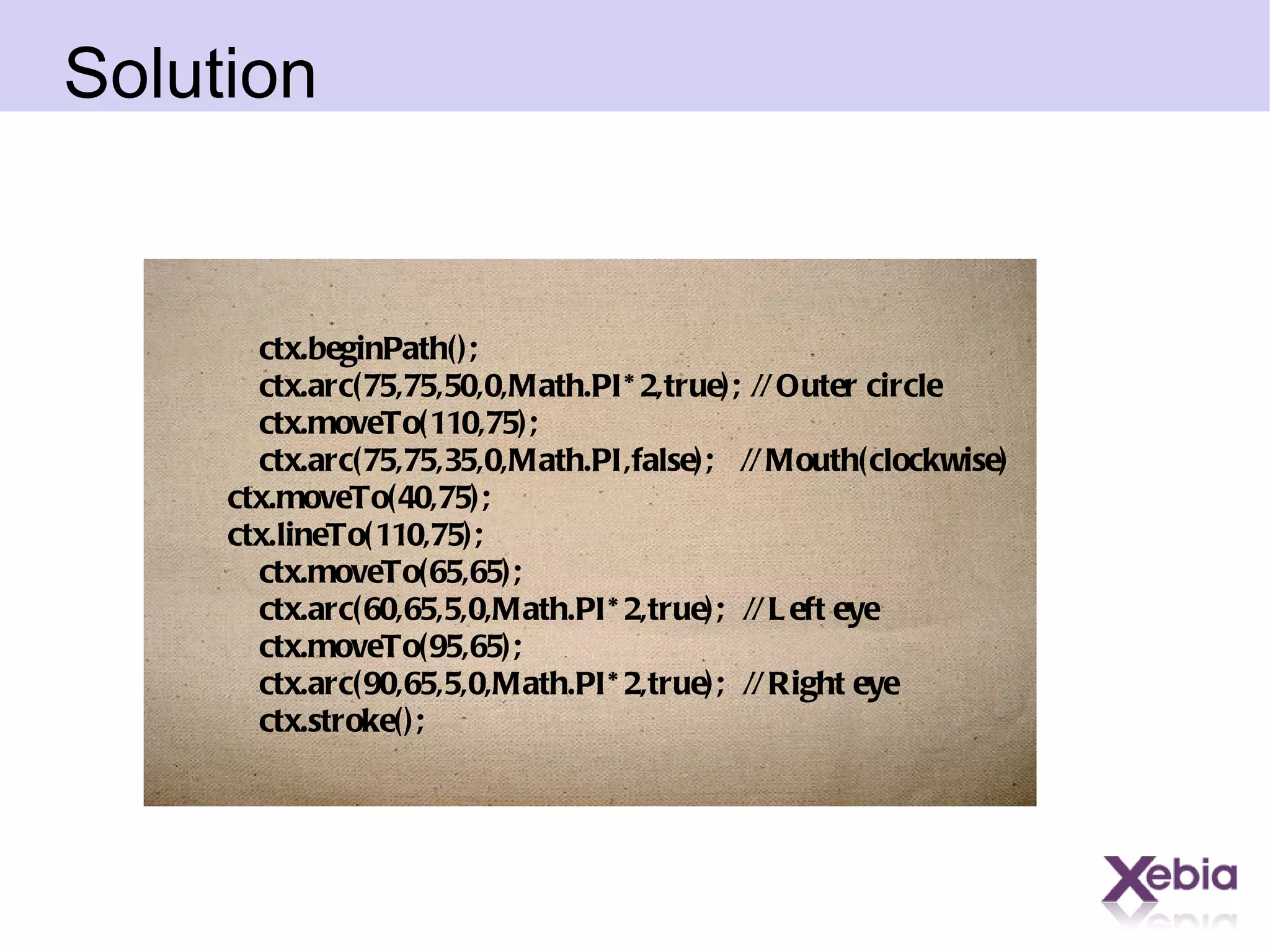 Solution ctx.beginPath(); ctx.arc(75,75,50,0,Math.PI*2,true);  // Outer circle ctx.moveTo(110,75); ctx.arc(75,75,35,0,Math.PI,false);  // Mouth(clockwise) ctx.moveTo(40,75); ctx.lineTo(110,75); ctx.moveTo(65,65); ctx.arc(60,65,5,0,Math.PI*2,true);  // Left eye ctx.moveTo(95,65); ctx.arc(90,65,5,0,Math.PI*2,true);  // Right eye ctx.stroke(); 