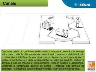 Descreve quais os caminhos pelos quais a empresa comunica e entrega
valor para o cliente. Os canais de comunicação, vendas e distribuição do
produto são a interface da empresa com o cliente. Servem para ajudar o
cliente a conhecer e avaliar a proposição de valor do produto, efetuar a
compra e uso do mesmo e posteriormente receber suporte e assistência.
Encontrar a combinação correta de canais – próprios e/ou através de
parceiros – é essencial para conseguir entregar Valor para o público-alvo.
Canais
 
