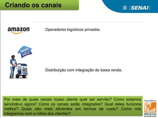 Criando os canais
Por meio de quais canais nosso cliente quer ser servido? Como estamos
servindo-o agora? Como os canais estão integrados? Qual deles funciona
melhor? Quais são mais eficientes em termos de custo? Como nós
integramos com a rotina dos clientes?
Operadores logísticos privados.
Distribuição com integração de baixa renda.
 