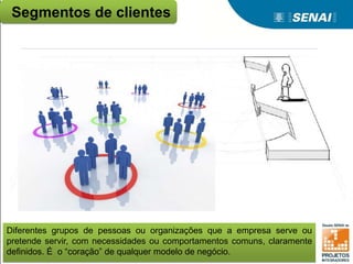 Diferentes grupos de pessoas ou organizações que a empresa serve ou
pretende servir, com necessidades ou comportamentos comuns, claramente
definidos. É o “coração” de qualquer modelo de negócio.
Segmentos de clientes
 