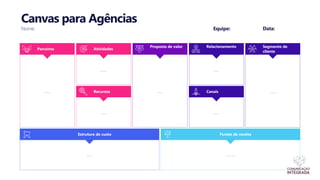 Canvas para Agências
Nome:
Parceiros
-----
Atividades
-----
Recursos
----
Proposta de valor Relacionamento
Canais
Segmento de
cliente
Estrutura de custo
----
Fontes de receita
-------
Equipe: Data:
----
----
----
----
 