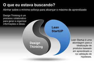 Alinhar sobre o mínimo esforço para alcançar o máximo de aprendizado
O que eu estava buscando?
Design Thinking é um
processo colaborativo
para gerar e organizar
informações e ideias.
Lean Startup é uma
abordagem para a
idealização de
produtos baseado
em aprendizado e
na validação de
hipóteses.
Lean
StartUP
Design
Thinking
 