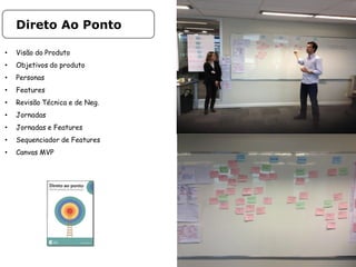 • Visão do Produto
• Objetivos do produto
• Personas
• Features
• Revisão Técnica e de Neg.
• Jornadas
• Jornadas e Features
• Sequenciador de Features
• Canvas MVP
Direto Ao Ponto
 
