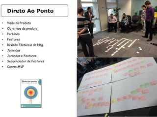 • Visão do Produto
• Objetivos do produto
• Personas
• Features
• Revisão Técnica e de Neg.
• Jornadas
• Jornadas e Features
• Sequenciador de Features
• Canvas MVP
Direto Ao Ponto
 