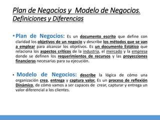 Plan de Negocios y Modelo de Negocios.
Definiciones y Diferencias
•Plan de Negocios: Es un documento escrito que define con
claridad los objetivos de un negocio y describe los métodos que se van
a emplear para alcanzar los objetivos. Es un documento Estático que
relaciona los aspectos críticos de la industria, el mercado y la empresa
donde se definen los requerimientos de recursos y las proyecciones
financieras necesarias para su ejecución.
• Modelo de Negocios: describe la lógica de cómo una
organización crea, entrega y captura valor. Es un proceso de reflexión
Dinámico, de cómo vamos a ser capaces de crear, capturar y entrega un
valor diferencial a los clientes.
 