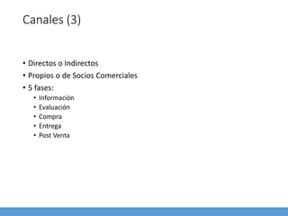 Canales (3)
• Directos o Indirectos
• Propios o de Socios Comerciales
• 5 fases:
• Información
• Evaluación
• Compra
• Entrega
• Post Venta
 